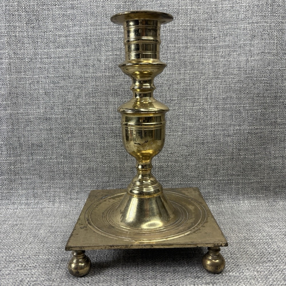 Solid Brass Candlestick Holder Square Footed Base Ball Feet 8.5 Inch Vintage